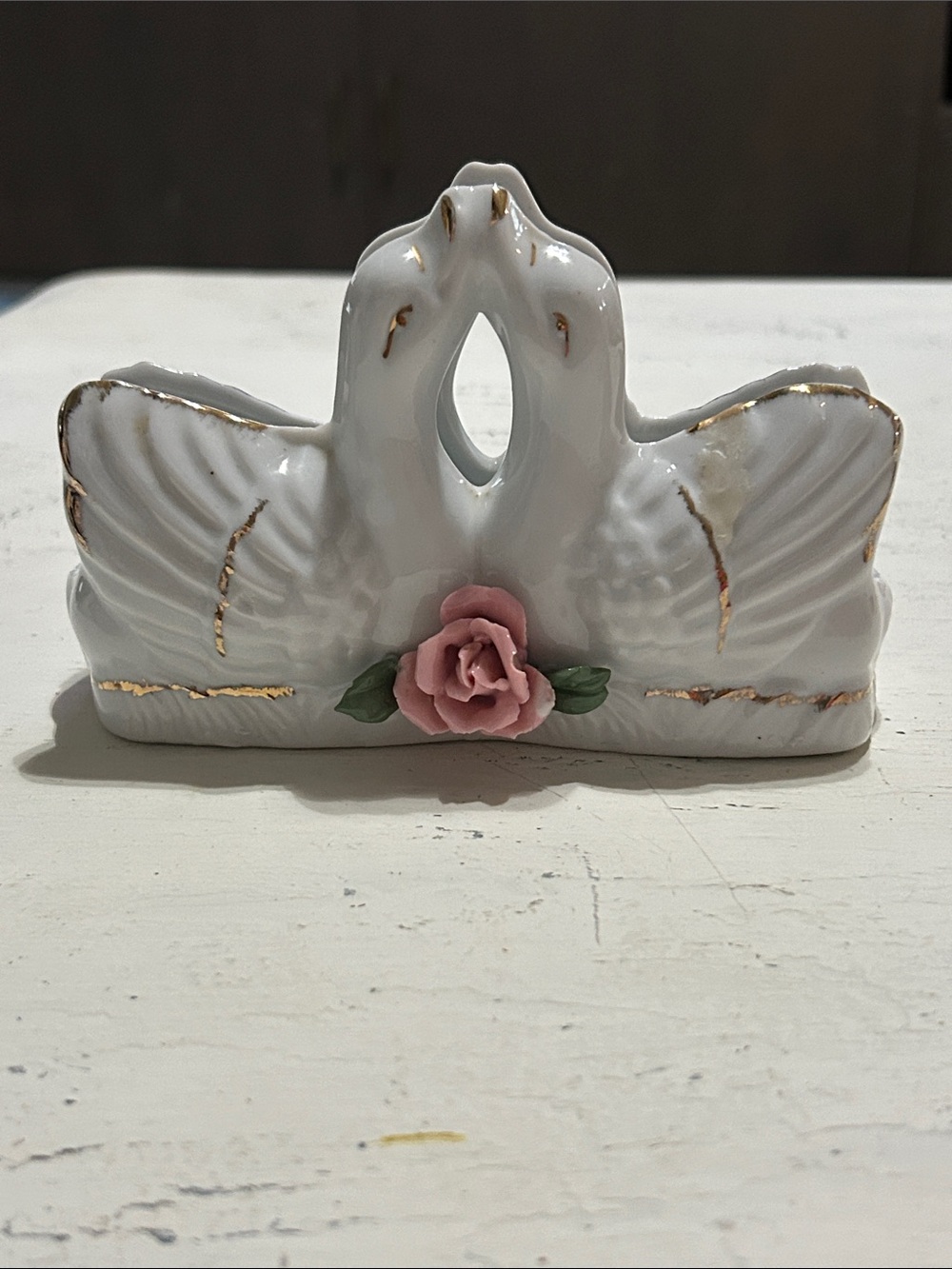 White Ceramic Napkin Holder with Pink Rose Accent